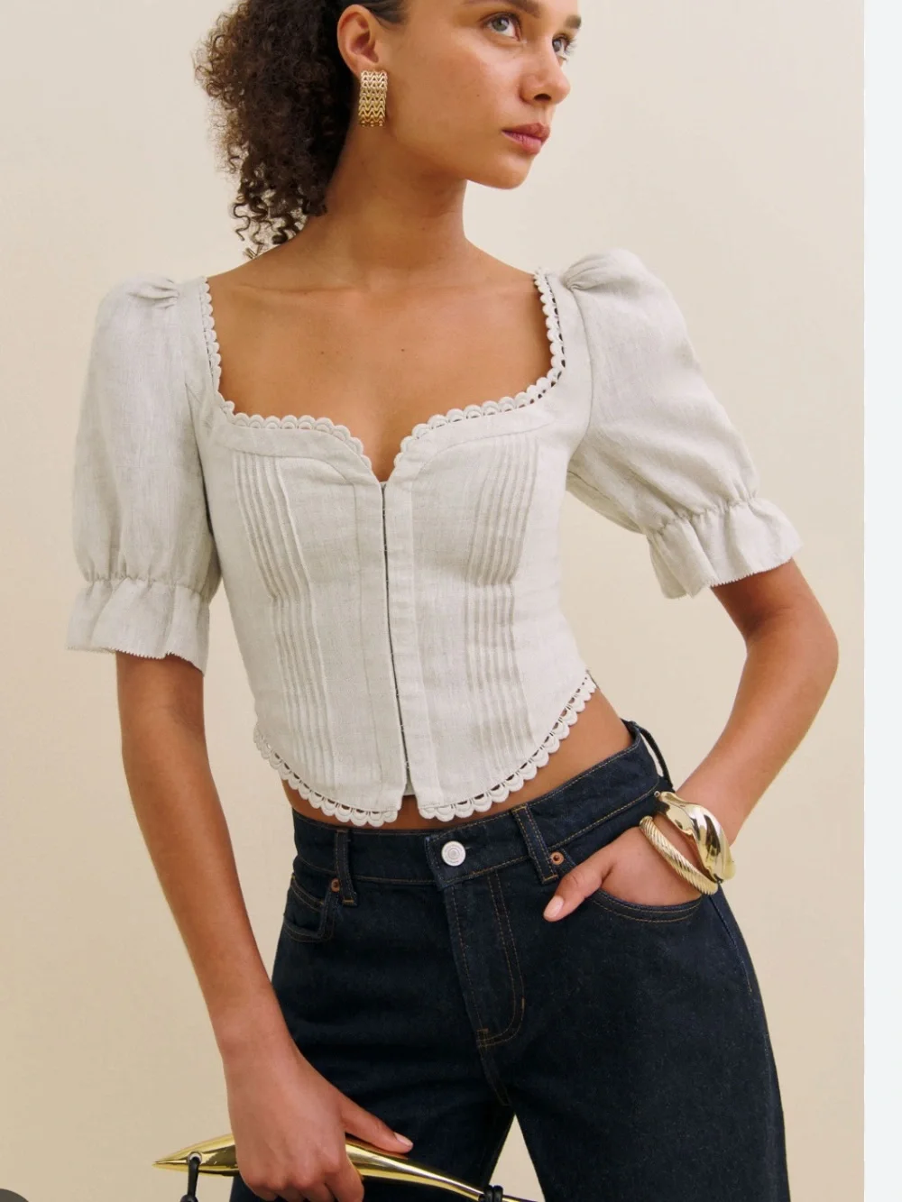 Reformation Simmie White Lace-Trim Puff Sleeve Linen Crop Blouse size 8